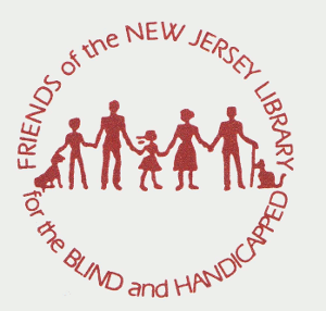 Logo of The Friends of The New Jersey Library for the Blind and Handicapped: Within a circle is a family with their pets. Around the circle is our organization name, The Friends of the New Jersey Library for the Blind and Handicapped.
